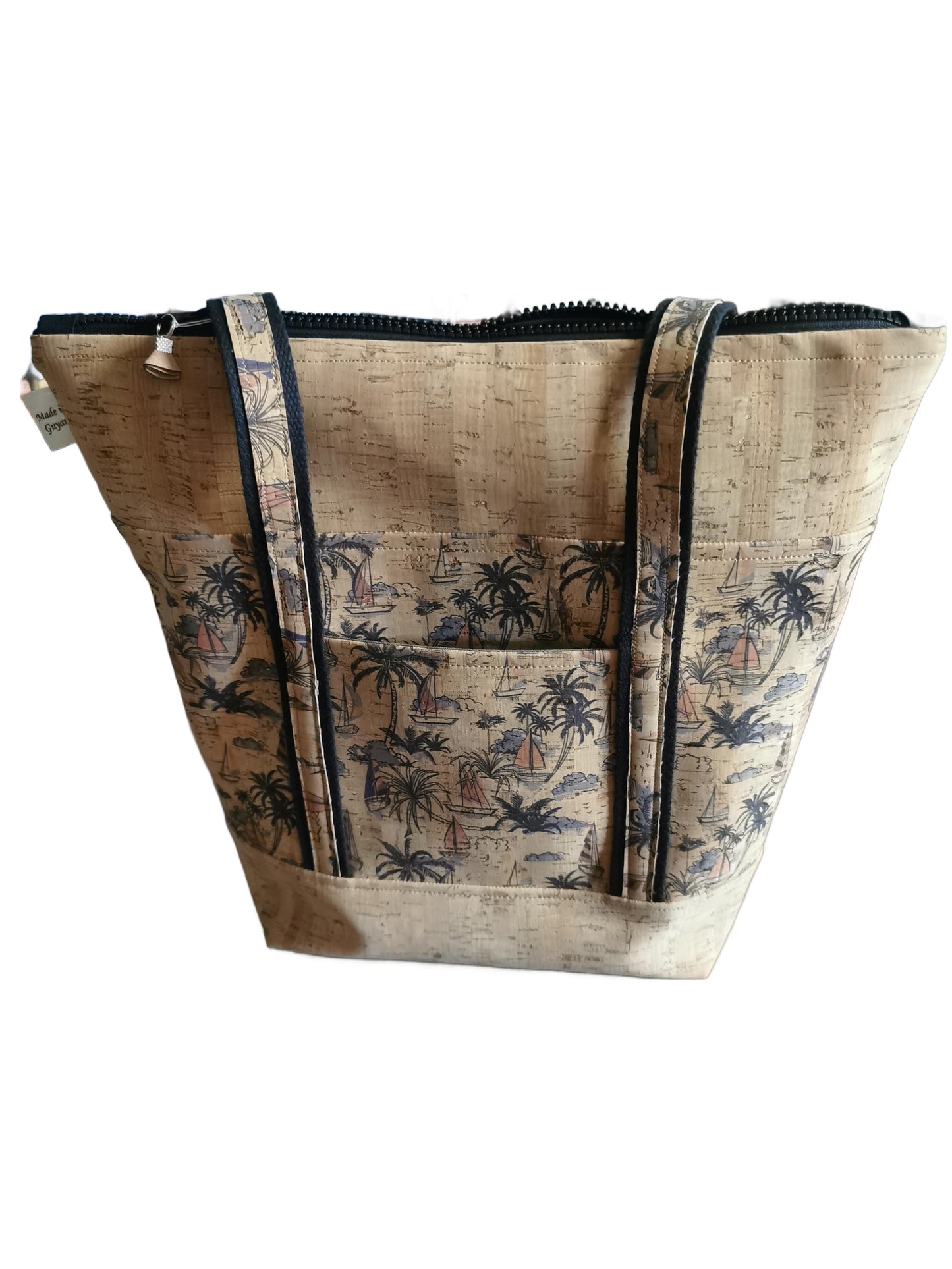 Sac cabas décor liège uni naturel et voiliers/palmiers