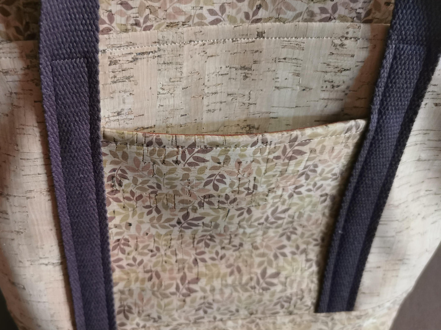 Sac cabas décor liège uni naturel et petites feuilles