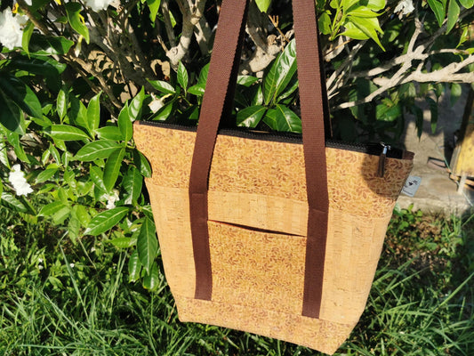 Sac cabas décor liège uni naturel et petites feuilles